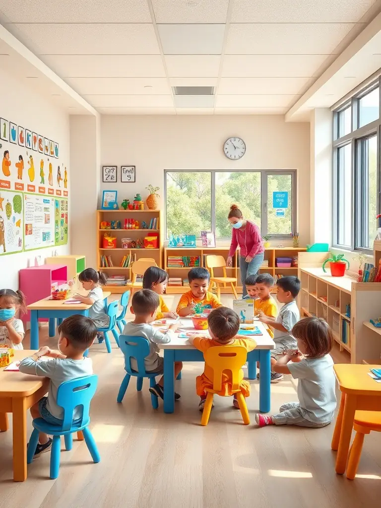 A vibrant and engaging childcare centre classroom with children participating in various activities, showcasing enrolment momentum and a positive learning environment.