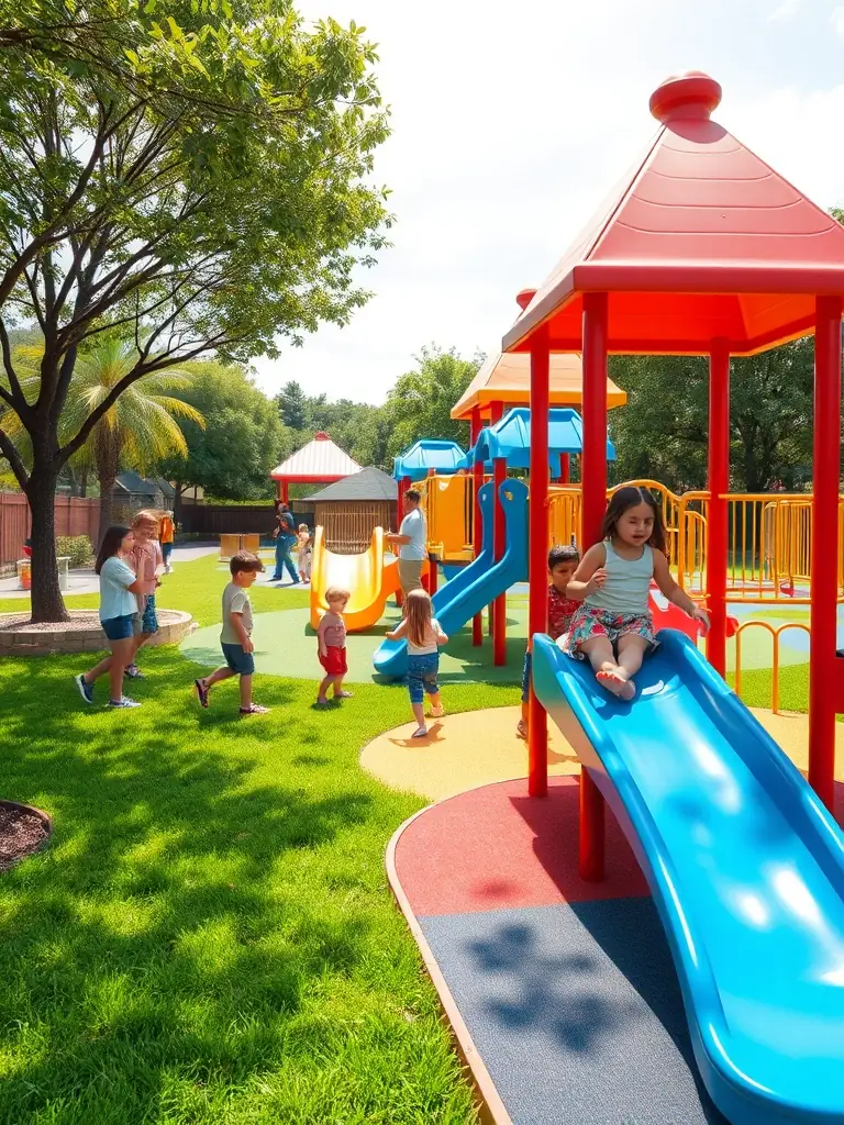 A tidy and well-maintained childcare centre playground with colourful equipment and lush greenery, highlighting the importance of a safe and inviting outdoor space.
