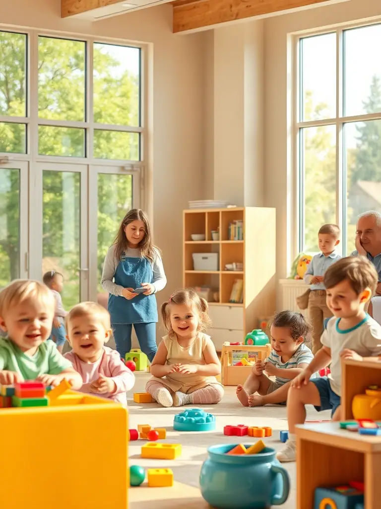 An image showing a vibrant and full childcare center with happy children and engaged staff, illustrating enrolment growth.