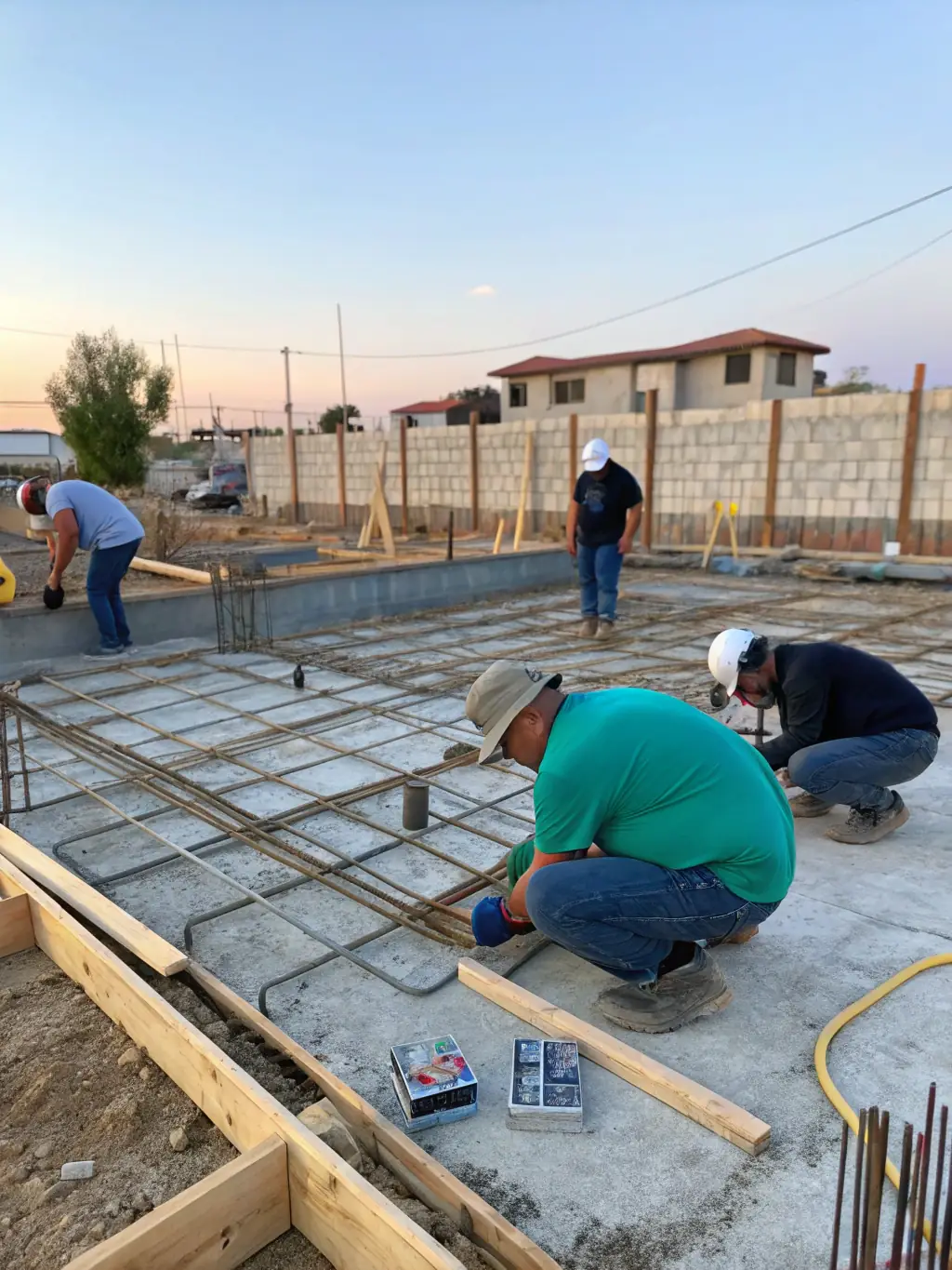 An image of a new childcare centre under construction, with professionals inspecting the site and planning approvals in progress, under a clear blue sky.