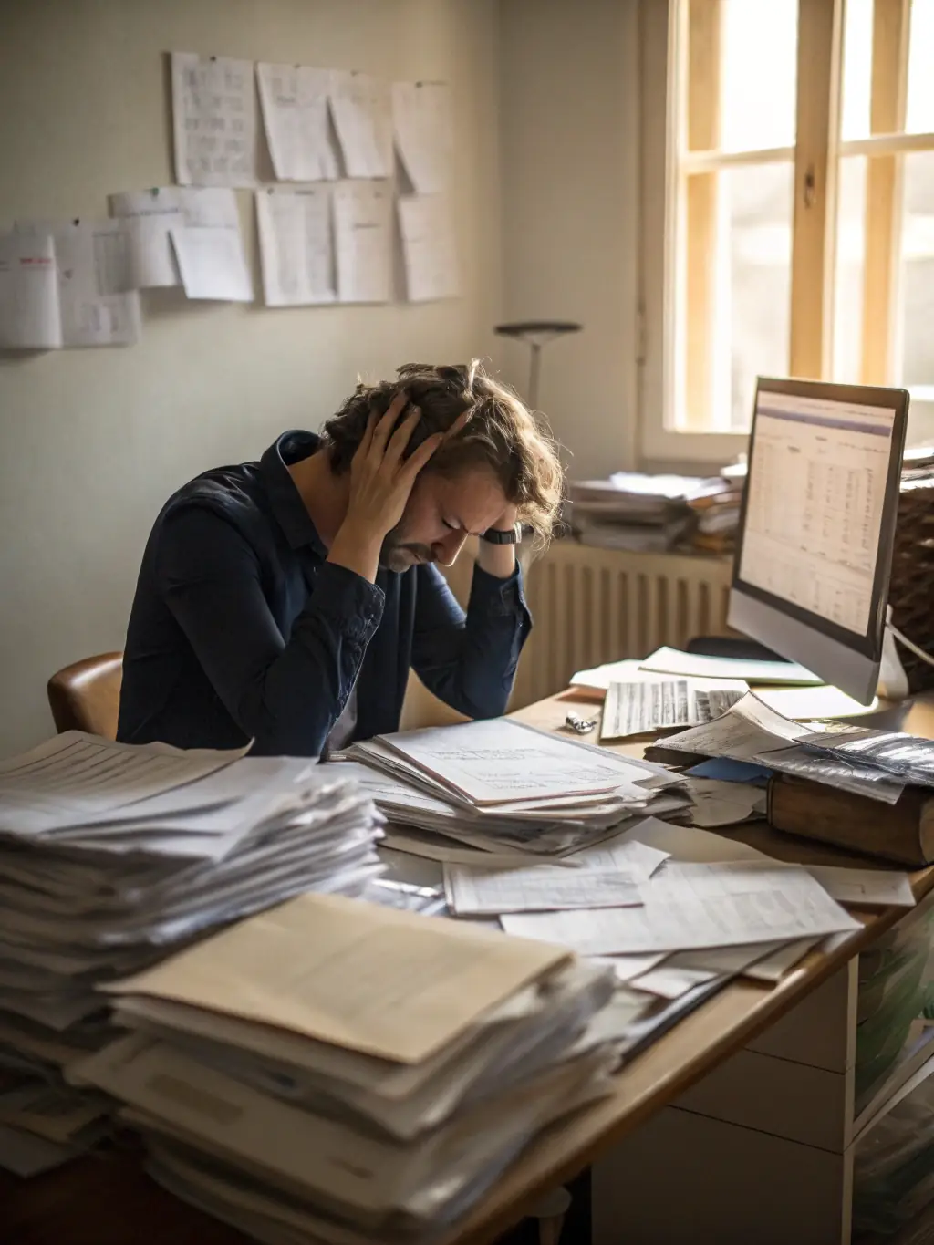 A photo of a stressed childcare centre owner surrounded by paperwork, symbolizing the challenges of compliance.