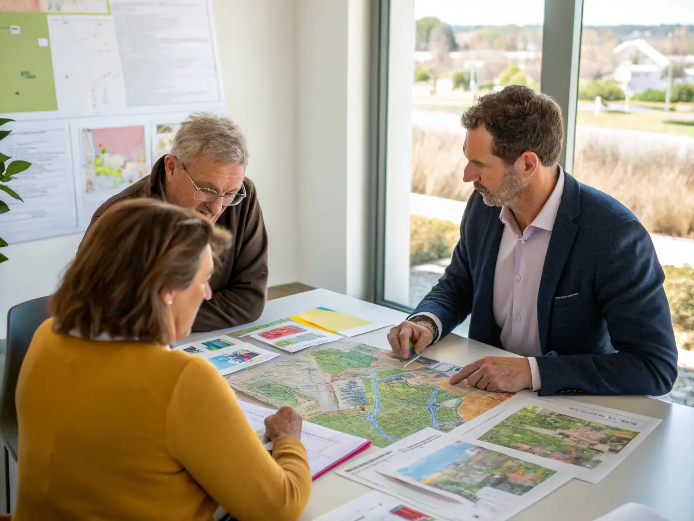 An image depicting new childcare centre investors reviewing plans with a consultant, showcasing the initial stages of setting up a childcare business.