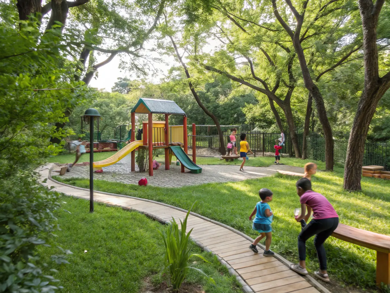 A well-maintained playground with children playing happily, highlighting the importance of safety and maintenance in childcare centres. This image represents Uplift's maintenance and playground services.