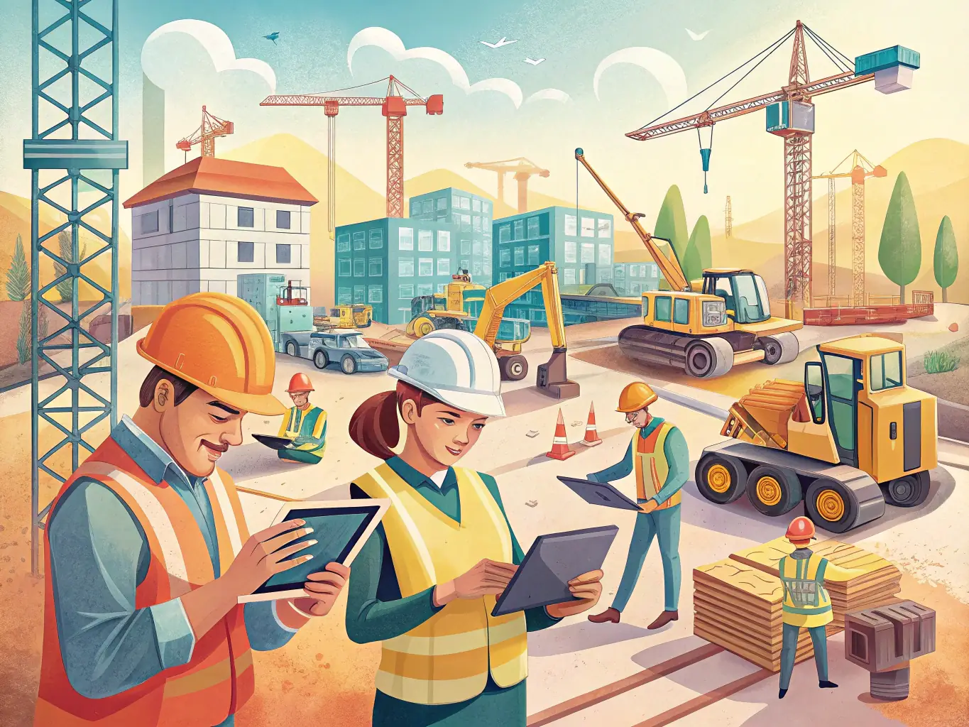 A construction site where a new childcare centre is being built, with architects and builders collaborating. This image represents Uplift's new centre setup services.