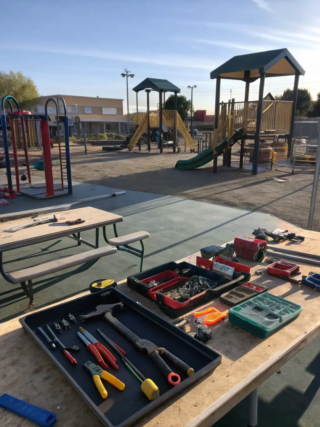 A photo of a childcare centre playground with damaged equipment, highlighting maintenance issues.